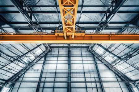 Beneath a vibrant yellow overhead crane, a spacious hangar reveals a striking gray steel structure, capturing the essence of modern industrial design.の素材