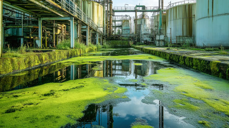 Old industrial structures loom over a pool coated with green algae, a chilling reminder of past oil production efforts. Nature slowly claims the contaminated space.の素材