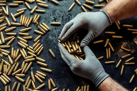 From above, a worker in gray gloves carefully sorts through a scatter of rifle cartridges, placing them into an awaiting glove on a dark surface.の素材