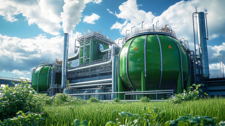 A modern industrial plant stands prominently, featuring large green tanks and silver pipes, surrounded by a vibrant grassy landscape beneath a beautiful blue sky.の素材