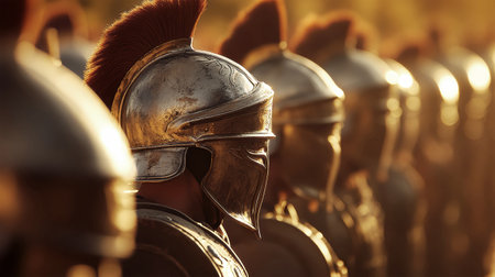 Dressed in intricate armor and helmets, Roman legionaries stand shoulder to shoulder, showcasing military prowess and unity amidst a breathtaking sunset.の素材