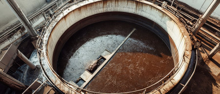 An aerial view reveals a large round industrial tank designed for efficient sludge removal in a modern wastewater treatment plant, showing its thick brown contents.の素材