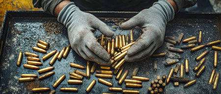 Hands clad in gray gloves meticulously organize rifle cartridges on a black table. Surrounding the worker are numerous shiny 5.56mm bullets, showing a focus on precision.の素材