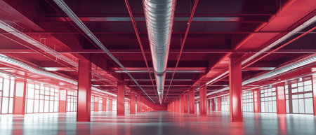 Bright red beams and shiny silver air ducts create an impressive visual in this expansive commercial setting, highlighting modern industrial design and construction.の素材