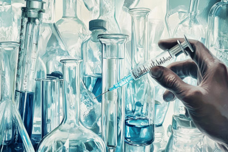 A hand holds a syringe amidst an array of scientific glassware, symbolizing the fusion of art and medical research in a creative lab setting.の素材