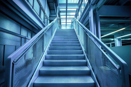A striking blue metal staircase rises within the vast interior of a waste processing plant, designed for workers' convenience and industrial efficiency.の素材