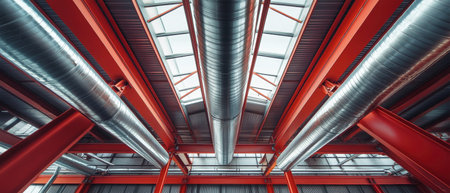 Close-up view reveals a striking composition of red steel beams and shiny silver pipes as air and smoke escape from the ceiling in an industrial setting.の素材