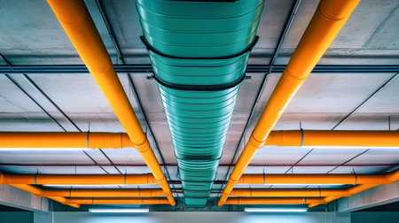 Ceiling view of a car park reveals a striking air conditioning system with bright orange pipes and a sleek green profile, creating an artistic industrial atmosphere.の素材