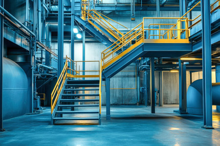 A bright blue metal structure with a striking staircase and a playground for workers showcases modern industrial architecture in a waste processing facility.の素材