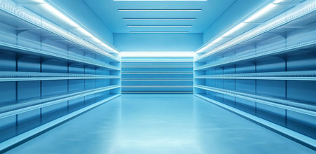 Cold storage room displays neatly arranged empty shelves, vividly illuminated by cool lighting against a blue backdrop, creating a serene yet stark atmosphere.の素材