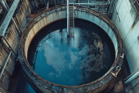 An aerial view reveals a circular sewage treatment tank filled with dark liquid, highlighting an industrial thickener setup for sludge disposal experiments in a rustic setting.の素材