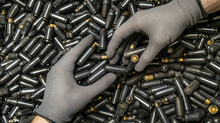 Gray gloved hands meticulously retrieved black 6.5mm bullets from a cluttered floor of an ammunition depot, surrounded by various objects, showcasing an industrial atmosphere.の素材