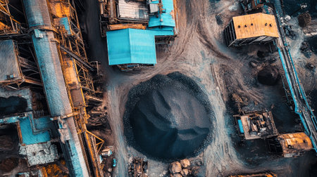 This aerial perspective highlights a bustling coal mine with distinctive blue industrial buildings and a massive pile of black coal, set against a clear summer sky.の素材