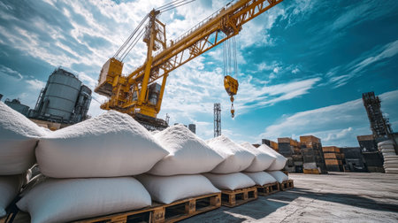 Large bags of white sand rest on wooden pallets at an industrial facility, while a towering yellow crane looms above under a clear blue sky, capturing an active atmosphere.の素材