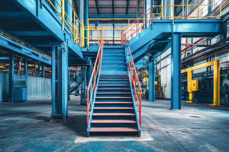 A striking blue staircase winds through the interior of a waste processing facility, designed for worker accessibility and comfort, showcasing industrial architecture.の素材