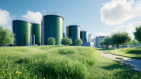 A modern biogas facility showcases large steel tanks and piping, seamlessly integrated into a lush grassy setting, reflecting ecological sustainability and advanced technology.の素材