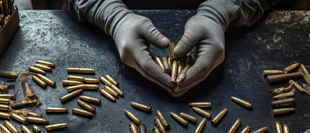 A worker wearing gray gloves carefully manages rifle cartridges, creating an organized cluster on a weathered black table.の素材