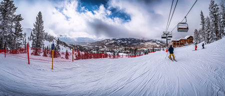Fresh snow blankets the slopes as a skier glides downhill, surrounded by tall pines and a scenic backdrop, while ski lifts carry others to the peak.の素材