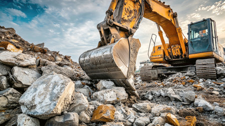 An excavator is meticulously working at an industrial location, expertly collecting worn materials while navigating through rocks and concrete debris.の素材