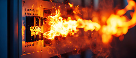 A dramatic burst of flames erupts from an electrical panel, creating a captivating clash of fire and metal in a smokey, dynamic environment filled with tension and energy.の素材