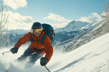 A professional skier gracefully glides down a snow-covered mountain, highlighting impressive speed and skill under a bright blue sky, surrounded by towering peaks.の素材