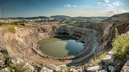 At the bottom of a rich gold mine, a large pit filled with water reflects a vibrant city skyline, showing a unique blend of nature and urban life.の素材