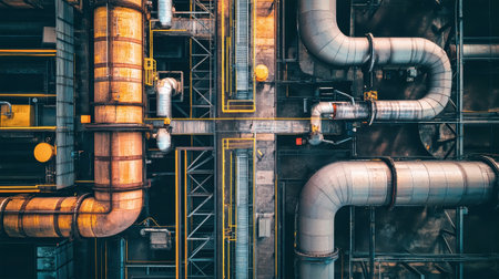 High above an industrial landscape, complex machines and rusted pipes intertwine, revealing the intricate details of factory construction and materials.の素材