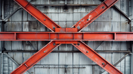 Elevated perspective reveals a vibrant red steel frame supporting metallic air conditioning pipes against a sleek, rustic backdrop in a spacious industrial setting.の素材