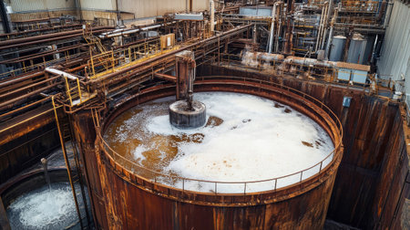 Brown, murky water is being pumped into a circular tank at a purification facility, showing the intricate industrial system designed for waste treatment.の素材