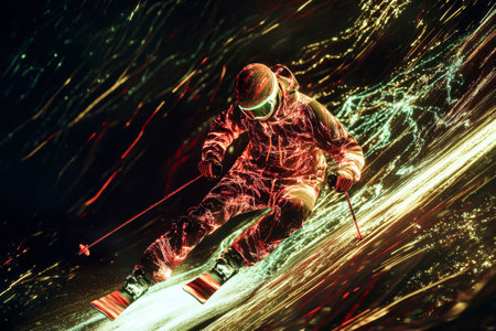 A skier glides swiftly down a mountain, surrounded by trails of light in a dramatic environment, highlighted by striking studio illumination and motion blur.の素材