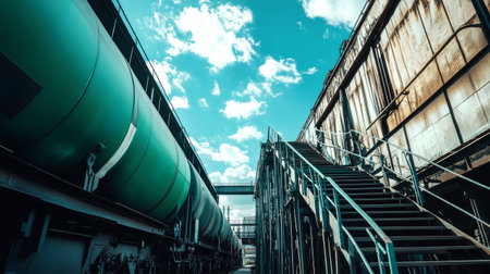 Green railway carriages rest on a loading platform beneath a vast blue sky, accompanied by a staircase leading up through an industrial setting showing casing sleek steel architecture.の素材