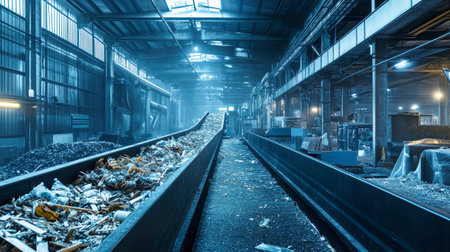 Inside a cutting-edge waste recycling facility, a long black conveyor belt transports a mix of waste, sand, and wood in a striking blue-hued environment.の素材