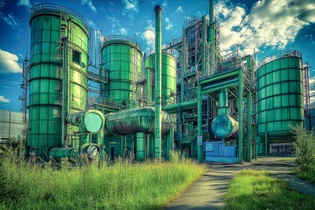 A striking industrial complex features a green gas processing plant surrounded by lush grass and trees, under a clear blue sky that enhances its impressive architecture.の素材