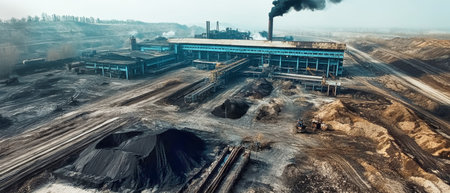 Coal processing activities are evident with large piles of black material, blue machinery, and pollution-emitting smoke against a backdrop of industrial buildings.の素材