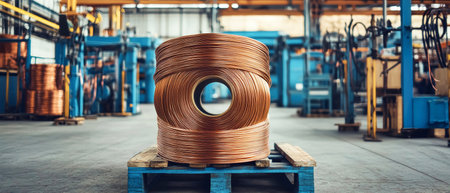 A substantial roll of shiny copper wire rests on a wooden pallet, surrounded by rustic elements, highlighting industrial beauty in a warehouse setting.の素材