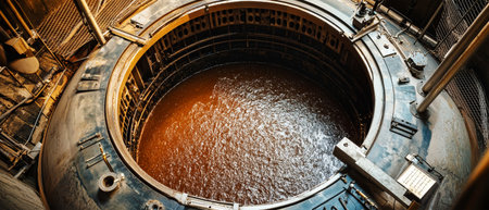Above, a modern sludge removal dryer reveals a vast industrial tank filled with dark brown, viscous liquid.の素材