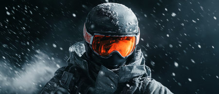 A skilled skier leaps through the air, showcasing precision and athleticism against a dark backdrop. Flying snow swirls around, enhancing the dynamic energy of the moment.の素材