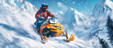 A skilled rider navigates a snow-covered mountain, clad in a vibrant snowmobile jacket, showing the thrill of winter adventure amidst stunning peaks and snowflakes.の素材
