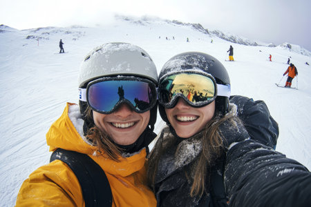 Happy couple smiles for a selfie while surrounded by snow-covered mountains and fellow skiers. Their enthusiasm radiates through the winter landscape, filled with joy.の素材