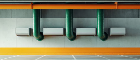 Empty parking bays stretch across a spacious underground car park, highlighted by industrial air conditioning and vibrant green piping along the wall.の素材