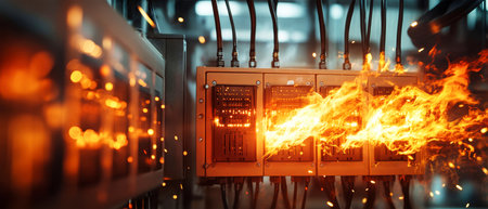 An intense fire blazes within an electrical panel, surrounded by short circuits and sparks, creating a mesmerizing clash between technology and nature's fury.の素材