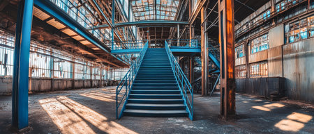 A striking interior view of a recycling plant features a blue metal staircase leading up within a steel frame structure, emphasizing green energy initiatives and sustainability.の素材