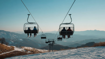 Skiers enjoy a tranquil ride up the mountain in a gondola lift, with expansive views of snow-covered peaks and clear blue skies at a popular ski resort.の素材