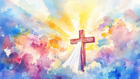 A stunning watercolor cross adorned with a delicate white veil stands majestically amidst a backdrop of colorful clouds and luminous rays.の素材