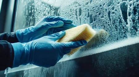 Focused window cleaning service worker meticulously scrubs the exterior glass using sponges and a brush, creating a streak-free shine. Attention to detail ensures pristine results.の素材