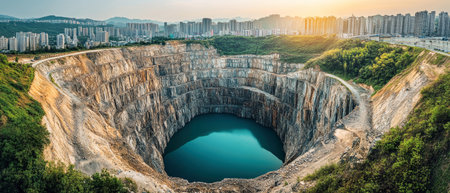 A stunning view of a vast abandoned open pit diamond mine, now filled with tranquil water, sits between urban buildings, showcasing nature reclaiming an industrial site.の素材