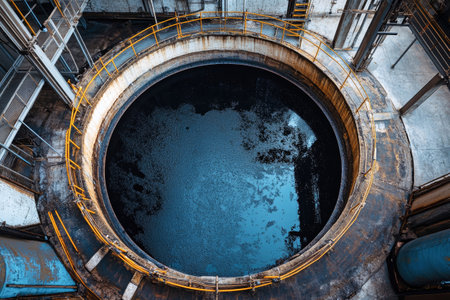 An aerial view captures the intricate design of a sewage treatment tank featuring a round pool filled with dark liquid, showing an industrial thickener's functionality.の素材