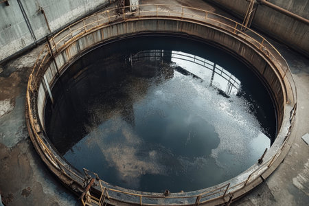 An aerial perspective reveals the round pool in a sewage treatment facility, showing the industrial thickener used for sludge disposal.の素材