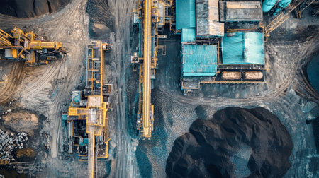 This striking aerial view captures a coal quarry with blue industrial structures amid a hot summer day, emphasizing the massive coal pile and machinery at work.の素材