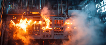 Electricity ignites chaos as flames dance along the switchgear, illuminating the dark surroundings with a surreal glow amidst smoke and fire.の素材